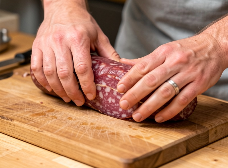 Hands firmly rolling and pressing a freshly stuffed salami on a wooden board to push out trapped air