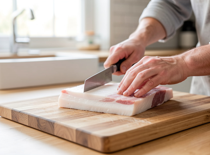 Hands trimming and squaring a slab of white pork back fat with a knife