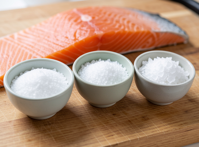 Bowls of fine sea salt, coarse kosher salt, and flake salt lined up beside a salmon fillet on a wooden counter