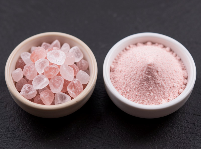 Side-by-side comparison of pink Himalayan salt crystals and pink curing salt powder to show they are different products