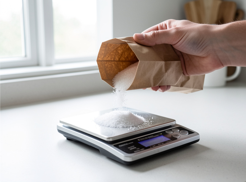 A hand pouring fine non-iodized salt from a bag onto a scale, with the plain single-ingredient label visible