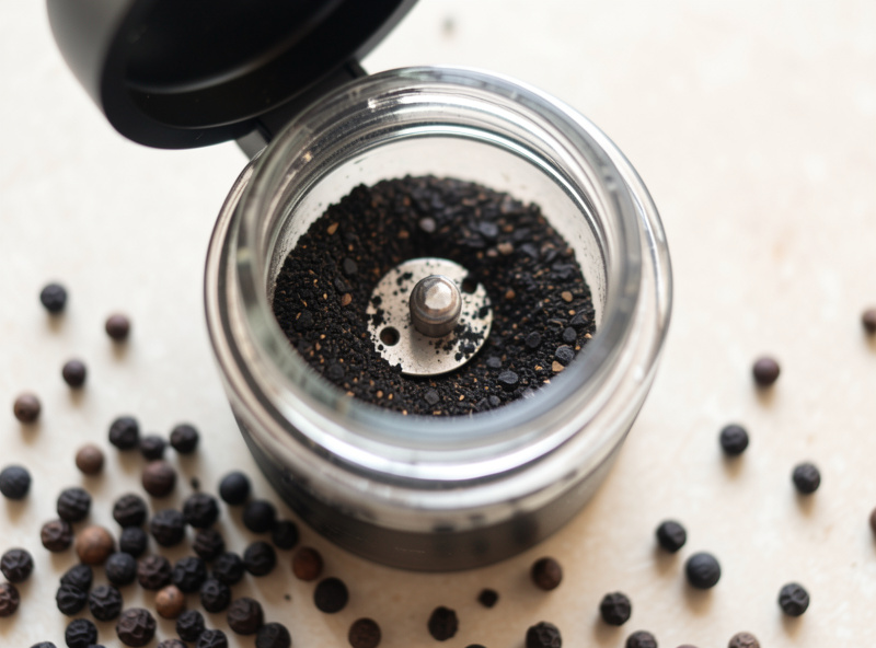 Electric blade spice grinder open showing coarsely cracked black pepper inside with whole peppercorns scattered on the counter