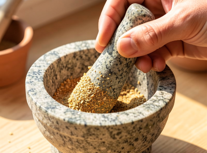 A granite mortar and pestle crushing whole spices into a coarse crack, hand gripping the pestle