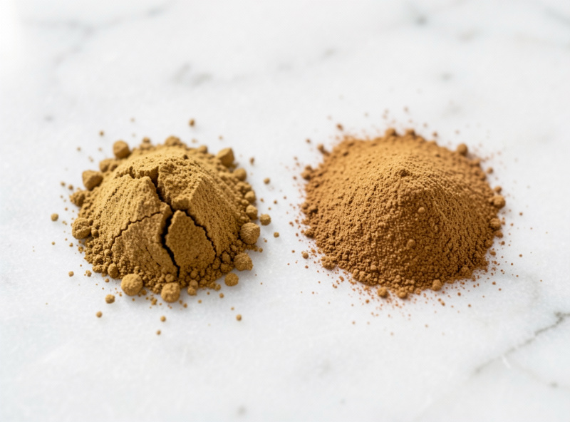 Two piles of ground spice on white marble showing the difference between a coarse crack and a fine even powder