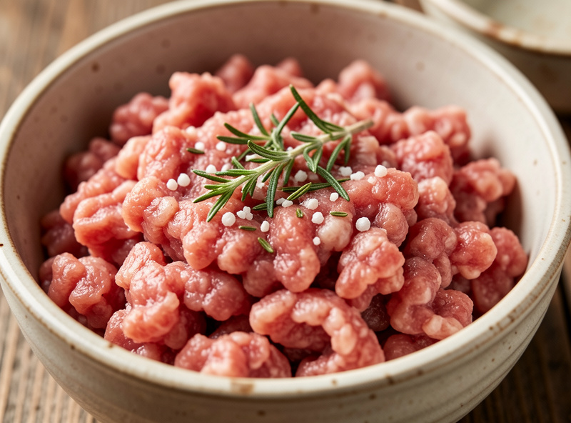 Coarse ground pork bratwurst filling in a bowl with marjoram and white pepper