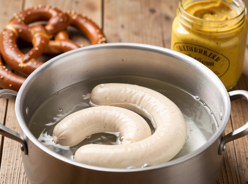 A pale white weisswurst poaching gently in a pot of water with a pretzel and sweet mustard in the background