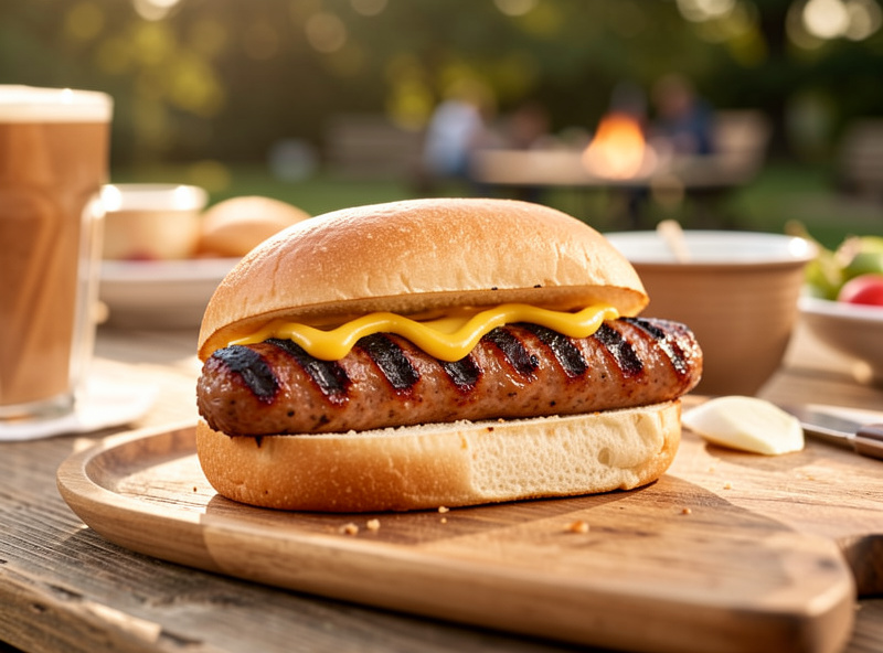 Grilled bratwurst with char marks in a bun with mustard at an outdoor cookout