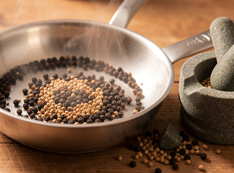 Black peppercorns and coriander seeds toasting in a dry stainless pan beside a mortar and pestle