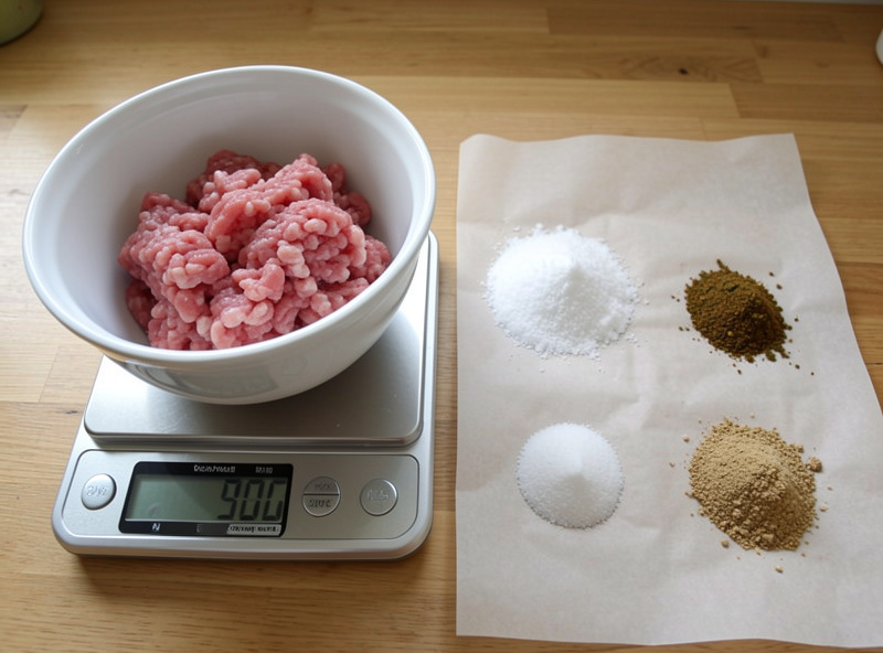 Digital kitchen scale showing grams beside measured piles of salt, cure and spice on parchment next to ground pork
