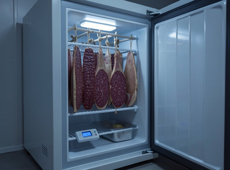 Open converted-fridge curing chamber with hanging seasoned salami and coppa on dowels and a digital hygrometer on the shelf
