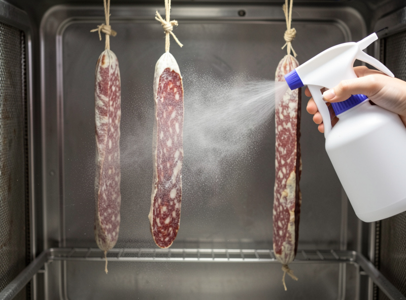 Spraying a fine white mold culture mist onto a natural-cased salami hanging in a chamber