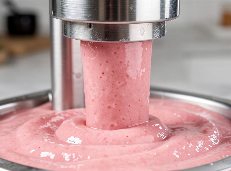 Smooth pink meat emulsion paste being extruded from a vertical stainless steel sausage stuffer