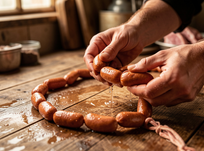 Hands twisting a string of frankfurters into links using natural casings on a butcher table