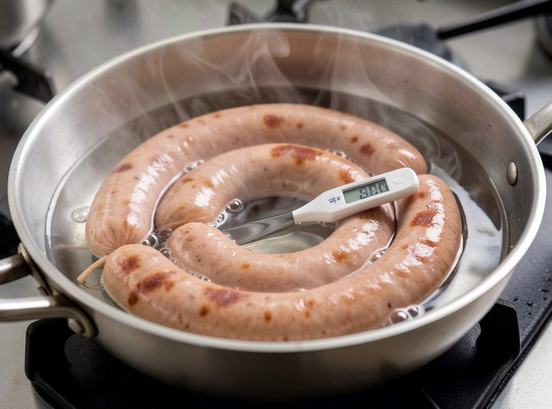Coil of sausages poaching gently in a pan of water with a digital probe thermometer, faint steam, no rolling boil