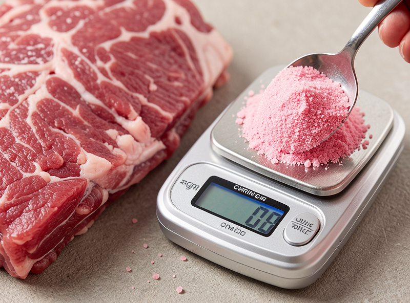 Pink curing salt being weighed on a small gram digital kitchen scale next to cold ground meat