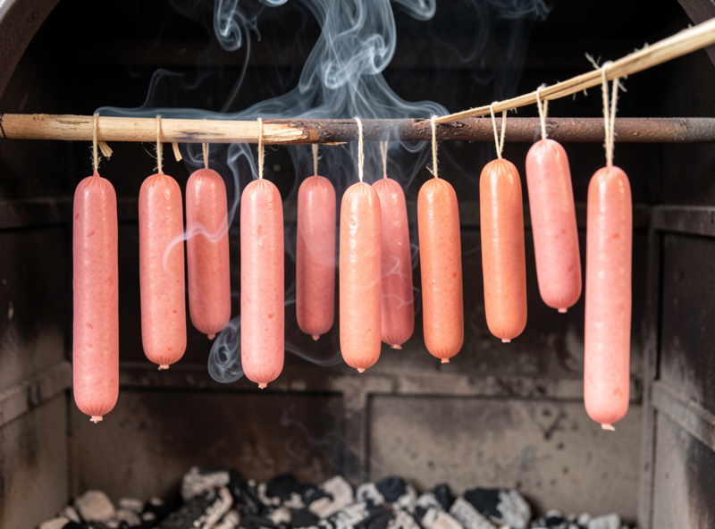 A string of frankfurters developing a rosy pink color as they hang in a thin trail of wood smoke inside a smoker