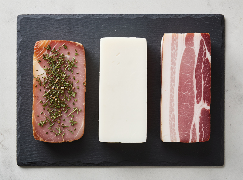 Lardo, salo, and raw fatback compared side by side on slate