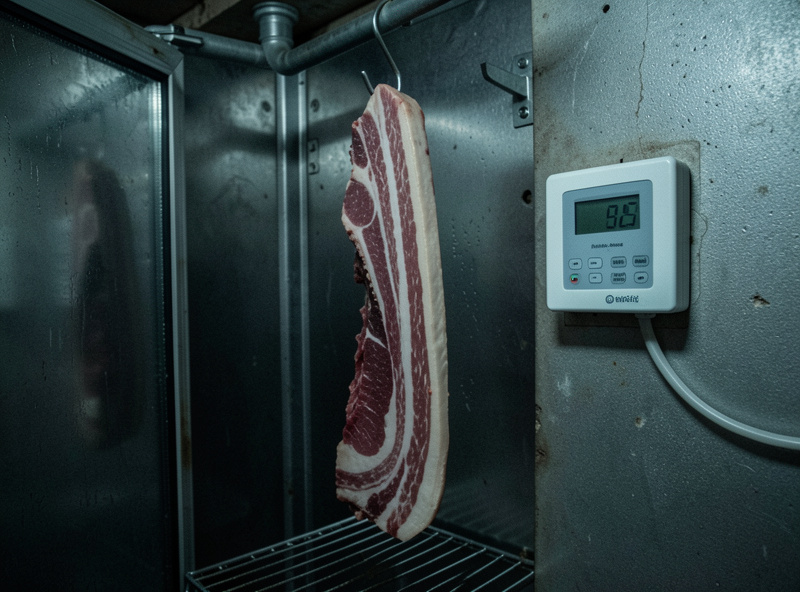 A slab of pork back fat curing in a converted-fridge chamber with a humidity controller