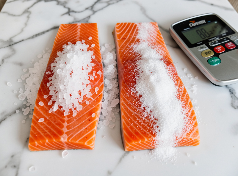 Two salmon fillets side by side, one buried in coarse salt for a salt-box cure and one dusted with weighed fine salt for an equilibrium cure