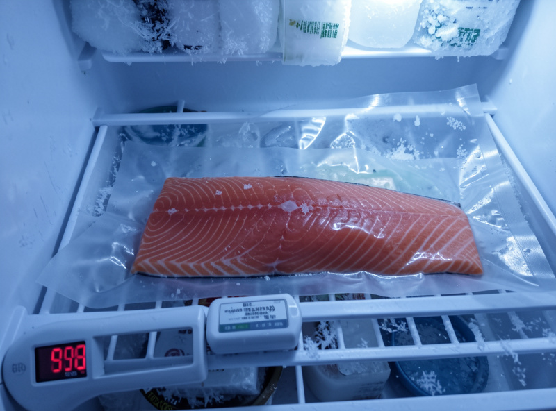 Vacuum-sealed salmon fillet in a home freezer with a thermometer reading well below minus twenty Celsius before curing