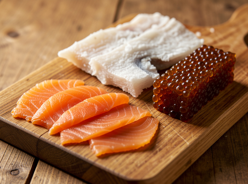 A cutting board arranged with sliced gravlax, a piece of hard dried salt cod, and a block of pressed bottarga showing three styles of unsmoked cured fish