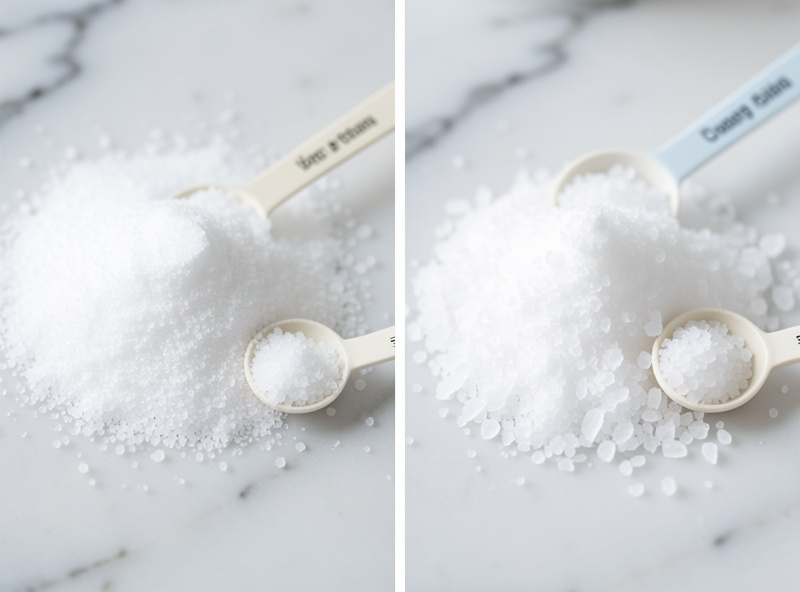 Fine white dextrose powder next to coarser white table sugar crystals with labeled spoons on white marble