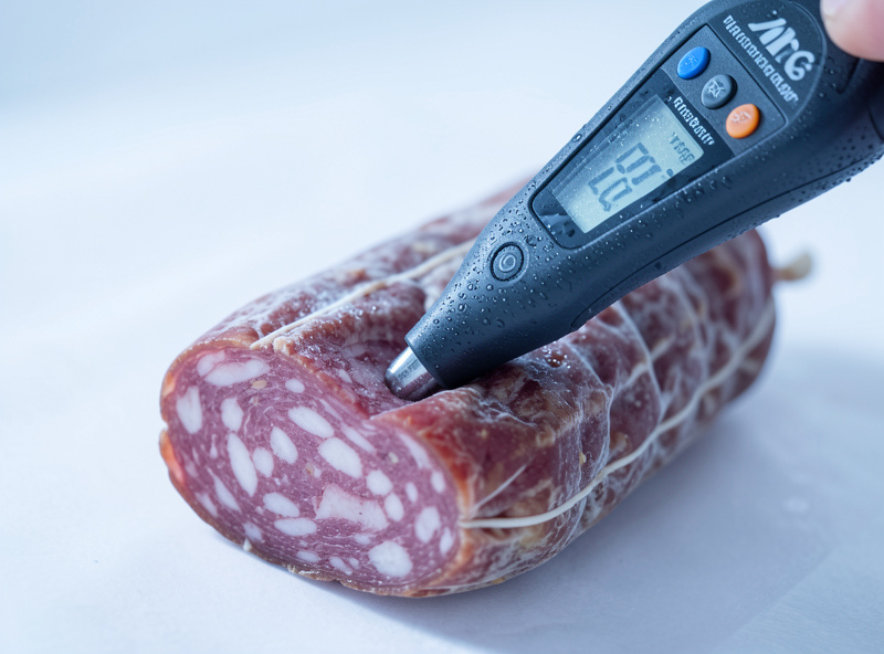Digital pH meter probe inserted into a freshly stuffed salame during the warm fermentation phase