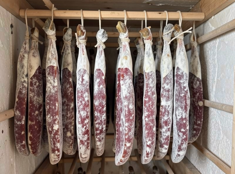 Hanging fermented salami developing white powdery Penicillium mold on the casings inside a curing chamber