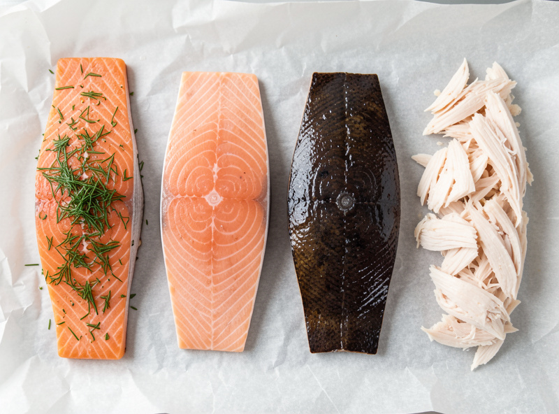 Four plates side by side showing gravlax, brine-cured lox, silky cold-smoked salmon and flaky hot-smoked salmon for comparison