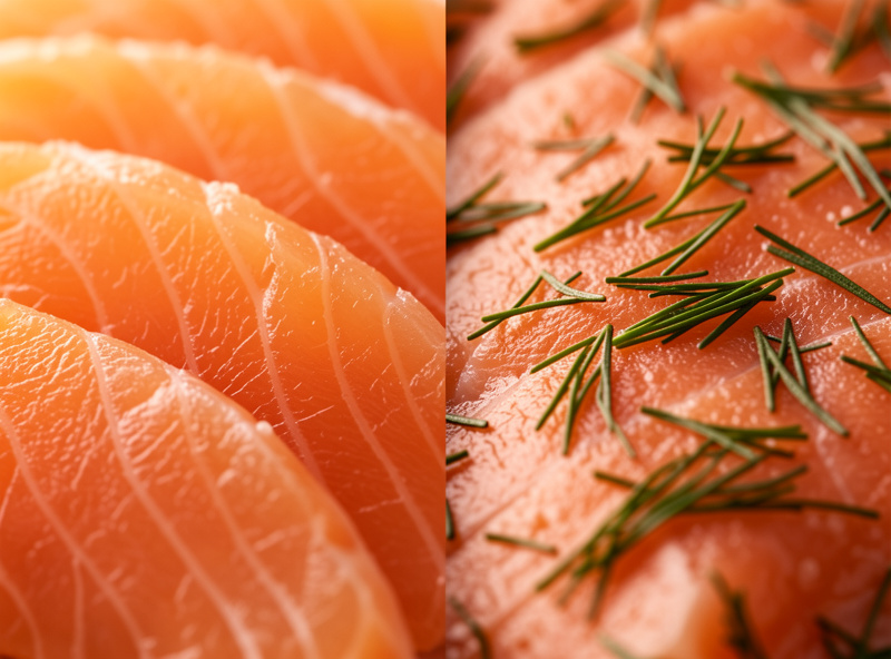 Close-up of silky cold-smoked salmon slices next to firmer dill-flecked gravlax showing the texture difference