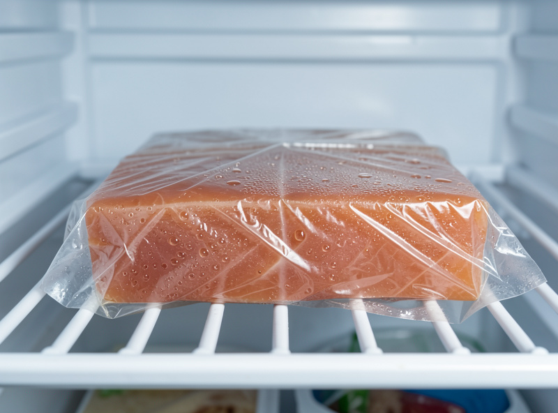A cured gravlax fillet tightly wrapped in cling film resting on the cold bottom shelf of a refrigerator