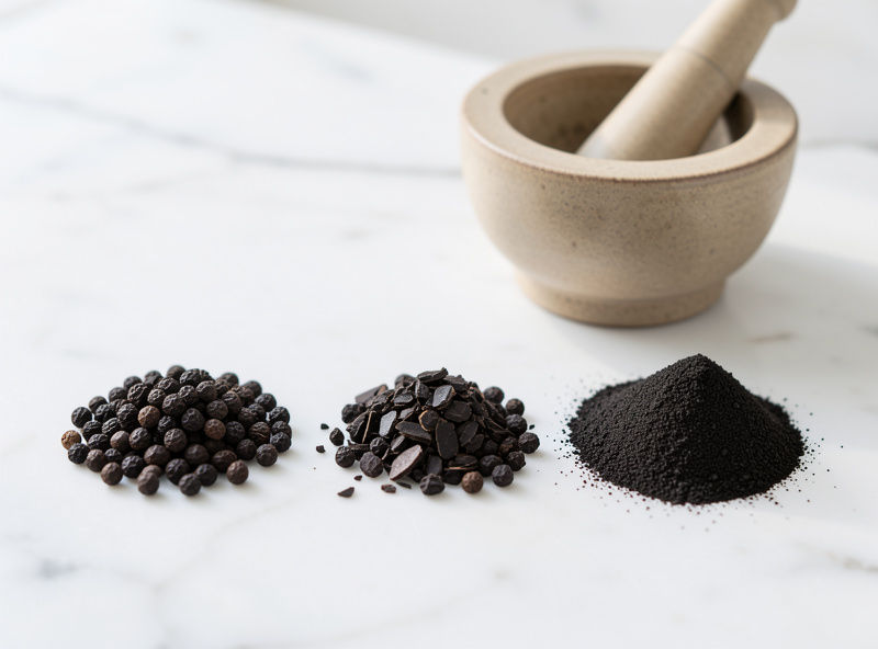 Three piles of black pepper on white marble: whole peppercorns, coarsely cracked, and fine ground, with a mortar and pestle behind