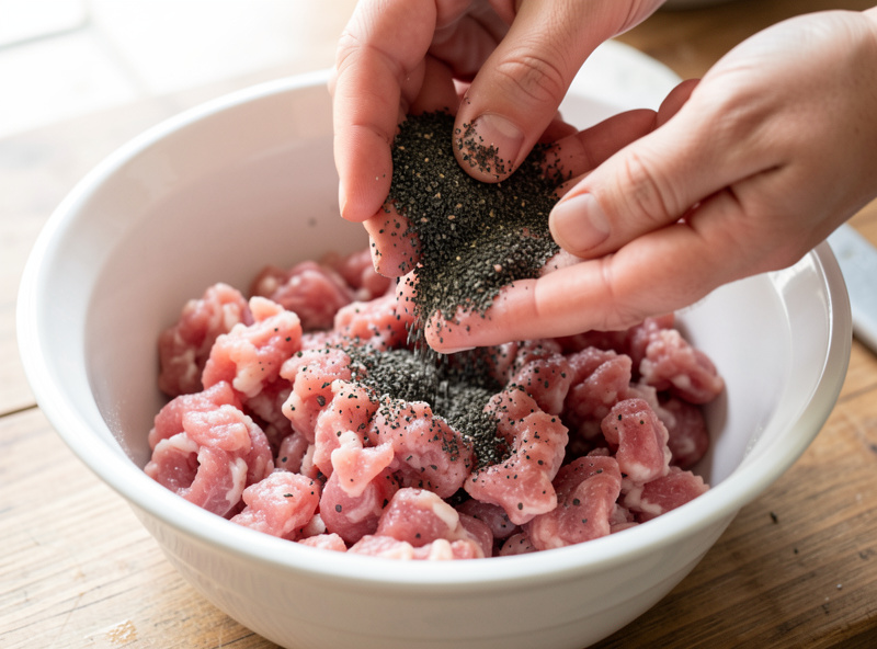 Hands mixing coarsely cracked black pepper into a bowl of ground pork and fat for salami