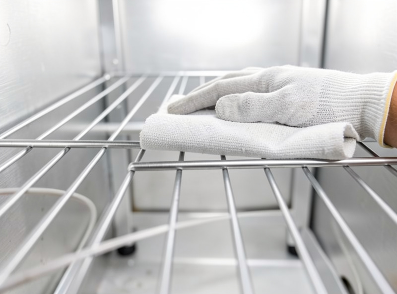 A gloved hand wiping down a wire shelf inside an empty curing chamber