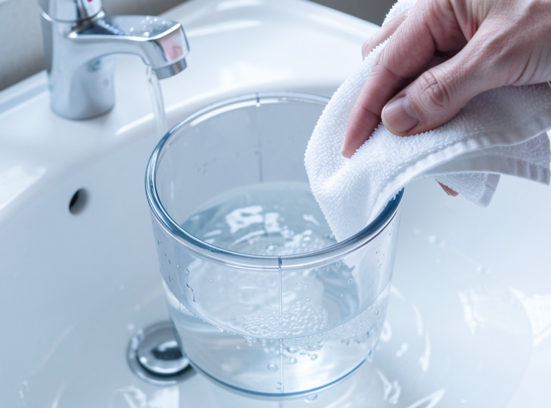 An ultrasonic humidifier reservoir being emptied and scrubbed at a sink