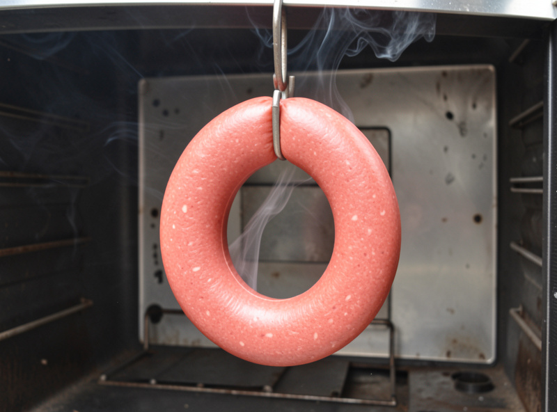 Large ring of bologna with smooth taut beef casing hanging from a hook in a smoker with a thin trail of smoke