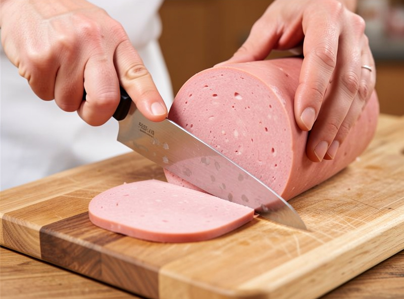 Hands slicing a thick slab of homemade bologna on a butcher board, smooth fine texture