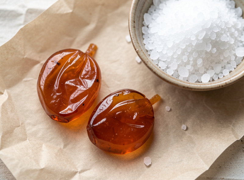 Two intact amber fish roe sacs resting on parchment before salting to make bottarga