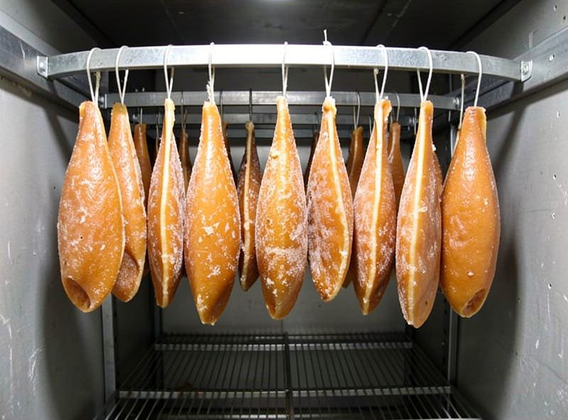 Salted fish roe sacs hanging to air-dry in a cool humidity-controlled curing chamber until firm and amber