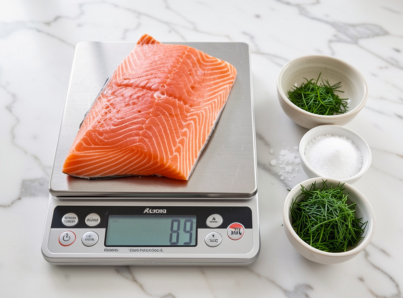 A salmon fillet on a scale being weighed before an equilibrium gravlax cure, with bowls of salt, sugar and chopped dill nearby