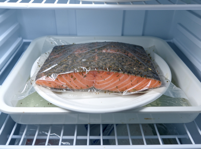 A dill-crusted salmon fillet wrapped and weighted with a plate in a refrigerator tray during the gravlax cure