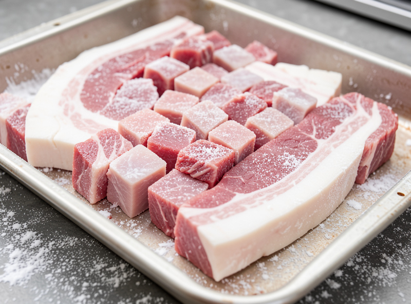 Cold cubed beef, pork, and white back-fat on a frost-dusted sheet pan, ready for grinding