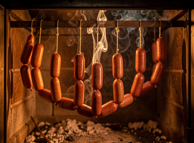 A string of linked frankfurters hanging in a thin trail of wood smoke inside a small smoker