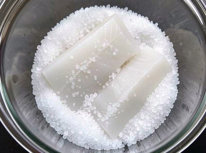 Thick white cod fillets being buried in a bed of coarse salt inside a non-reactive container for the salt cure