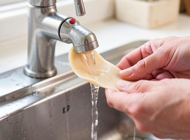 Hands slipping one end of a natural hog casing over a kitchen tap to flush water through the lumen