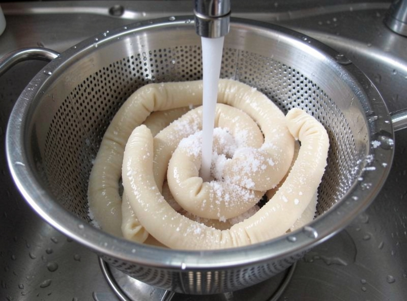 Salt-packed natural hog casings being rinsed of their packing salt in a stainless colander under a tap