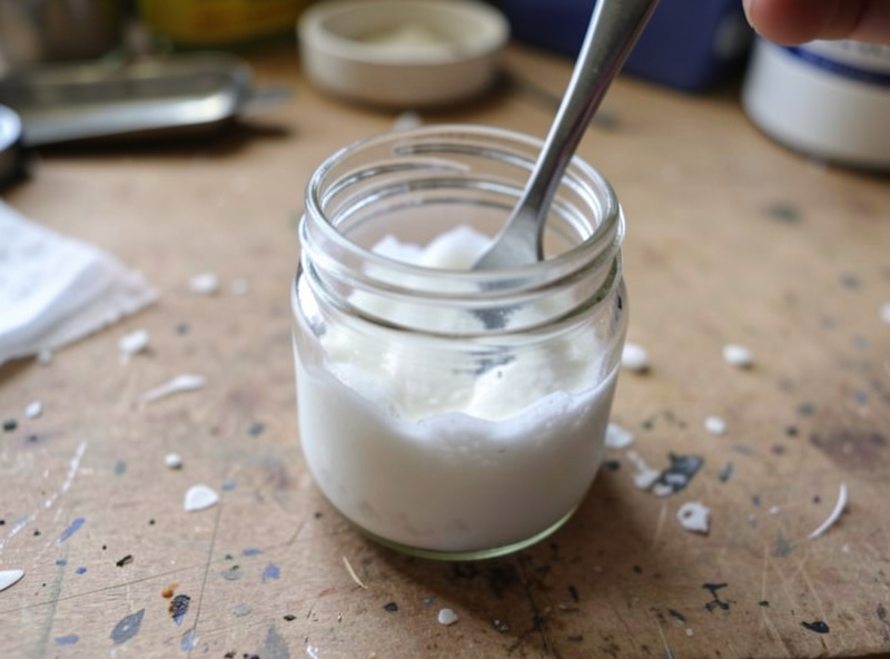 Small jar of cloudy white mold culture being stirred into water on a workshop bench
