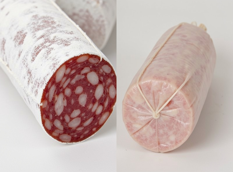Finished salami with an even powdery white mold coat beside a pale freshly stuffed salami