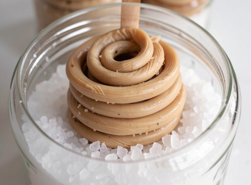 A coil of natural casing being packed down into a glass jar with coarse salt around it
