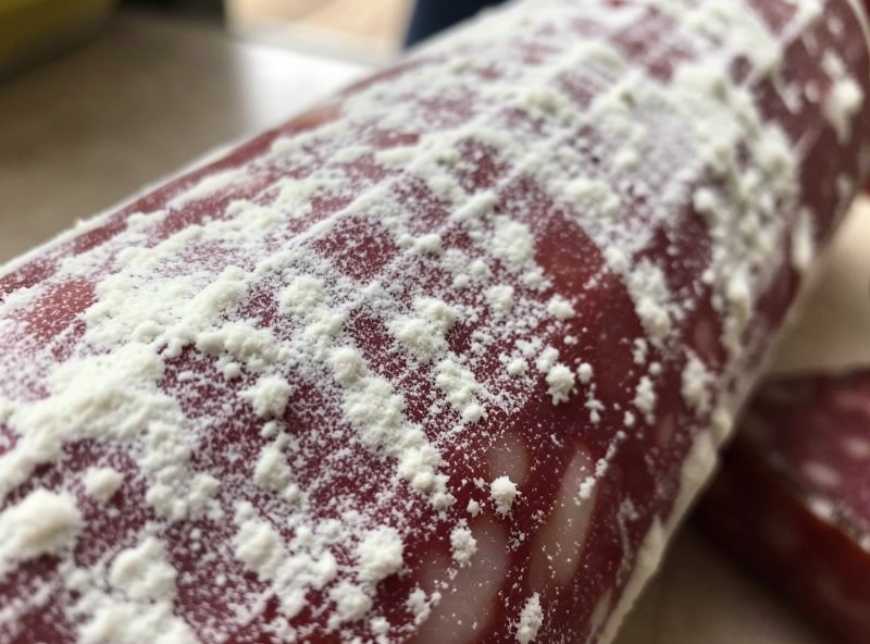 A wiped salami casing with fresh powdery white mold beginning to regrow evenly